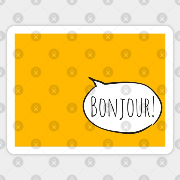 Cheerful BONJOUR! with white speech bubble on yellow (Français / French) Sticker by Ofeefee